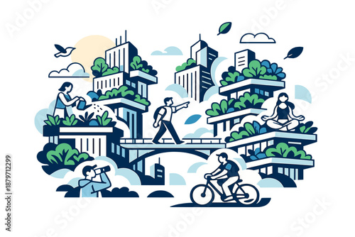 Eco Metropolis Harmony. Eco future metropolis. Skyscrapers transformed into vertical forests, terraces full of