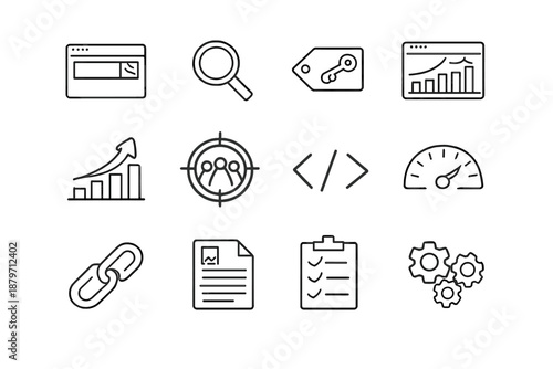 SEO Icon Set. SEO Optimization. Line outline icon set of seo optimization: search engine, magnifying glass,