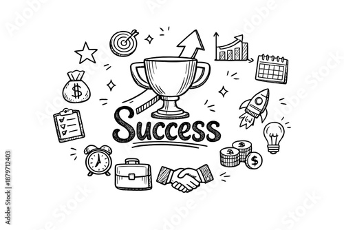 Doodle Success Icons. Success. Hand-drawn doodle illustration of Success. In the middle, one slightly larger