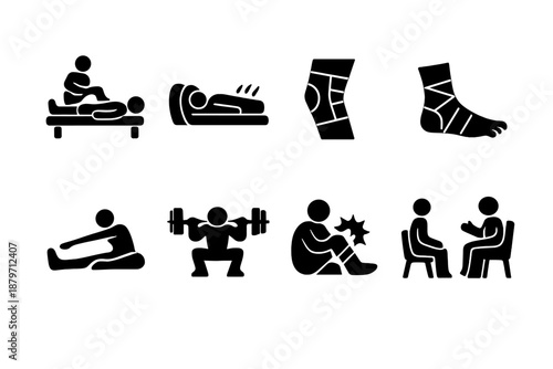 Sports Physiotherapy Icons. Sports Physiotherapy. Filled icon set of Sports Physiotherapy: athlete