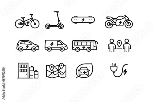 Electric Mobility Icons. Electric Mobility. Line outline icon set of electric mobility: electric bike,