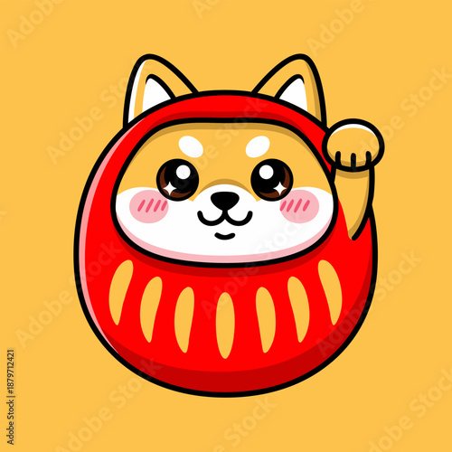 Adorable Shiba Inu Daruma Doll Illustration, a symbol of good luck and fortune, with a playful paw raised for blessings