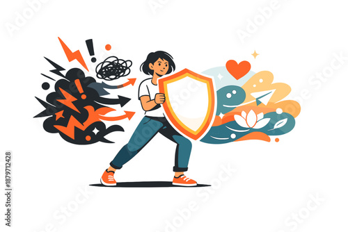  Managing anxiety. A character holding a glowing shield while chaotic shapes fade into softer