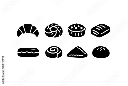 Pastry Icons Set. Pastry Bakery. Filled icon set of Pastry Bakery: croissant, Danish pastry, tart, puff pastry