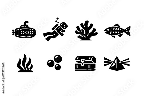  Glass underwater world. Filled icon set of Glass underwater world: glass submarine, crystal