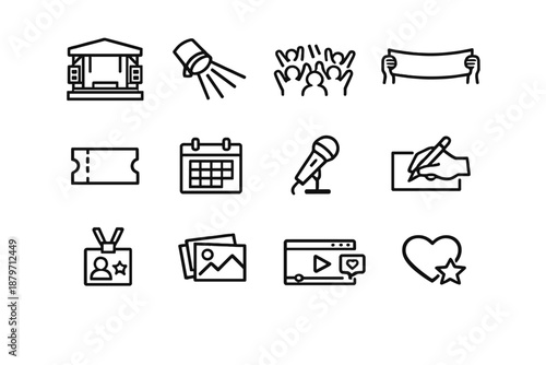 Fan Event Icons. Fan Events. Line outline icon set of fan events: stage icon, spotlight, concert crowd, fan