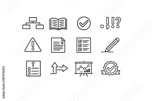  Grammar Practice. Line outline icon set of grammar practice: sentence structure blocks,