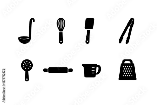 Cooking Utensils Icons. Cooking Utensils. Filled icon set of Cooking Utensils: ladle, whisk, spatula, tongs,