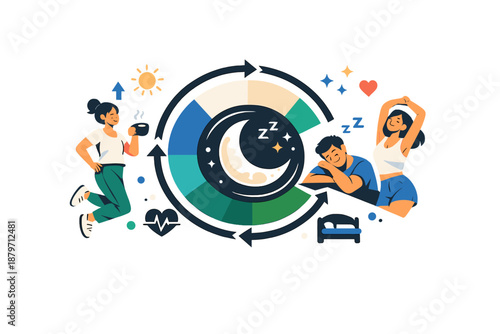  Sleep cycle analytics. Circular arrows around a moon icon, segmented rings showing stages of