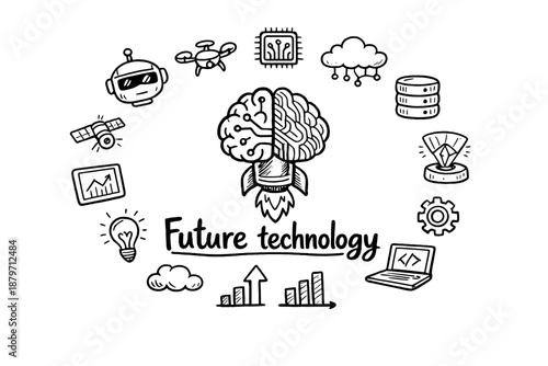  Future technology. Hand-drawn doodle illustration of Future technology. In the middle, one