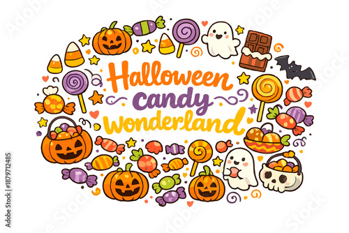 Halloween Candy Wonderland. Halloween candy wonderland. Hand-drawn doodle illustration of Halloween candy
