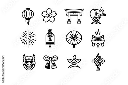  Asian spring celebration. Line outline icon set of Asian spring celebration: festival