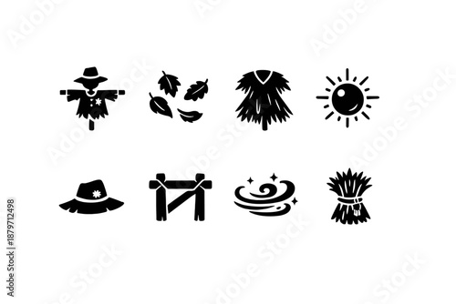  Autumn magic scarecrow. Filled icon set of Autumn magic scarecrow: harvest scarecrow,