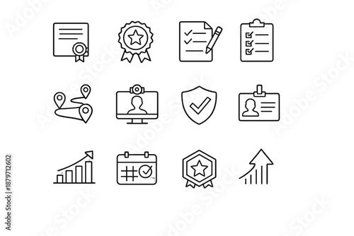  Certification Programs. Line outline icon set of certification programs: certificate