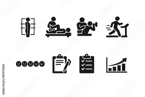 Rehabilitation Assessment Icons. Rehabilitation Assessment. Filled icon set of Rehabilitation Assessment: