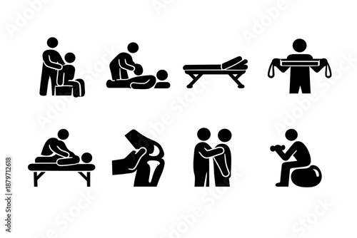 Physiotherapy Icon Set. Physiotherapy. Filled icon set of Physiotherapy: physical therapist, patient