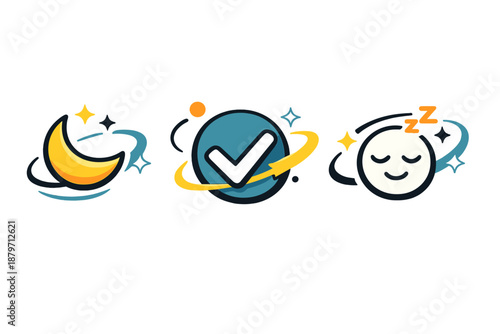  Healthy sleep habit icons. Moon, checkmark, and calm face outlined simply, elements gently