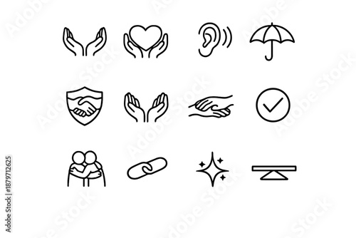  Emotional support. Line outline icon set of Emotional support: helping hands, empathy heart,