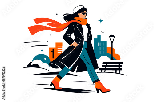 Winter Fashion Stroll. City Winter Elegance. A fashionable figure walking through a winter street in a