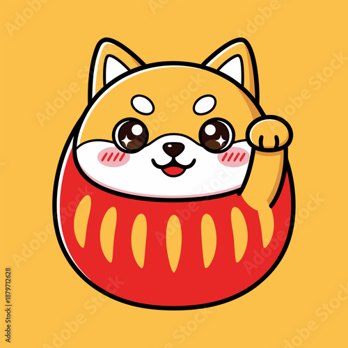 Cute Shiba Inu Daruma Doll Illustration with Raised Paw and Blush Cheeks, Symbolizing Luck and Happiness