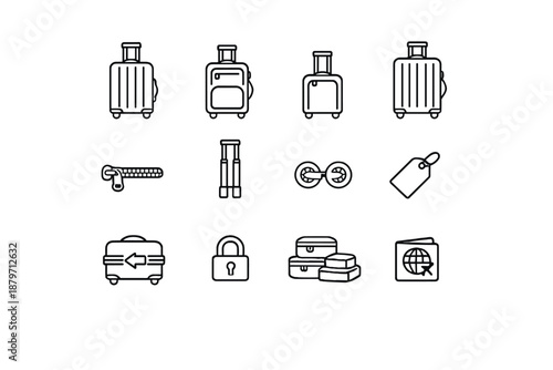 Luggage Icon Set. Suitcases. Line outline icon set of suitcases: hard shell suitcase, soft shell suitcase,