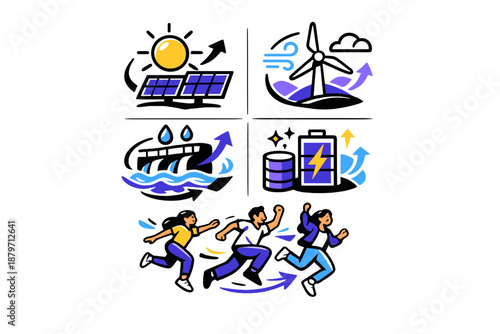  Sustainable energy icon set. Harmonized line symbols of sun, wind, water, and storage