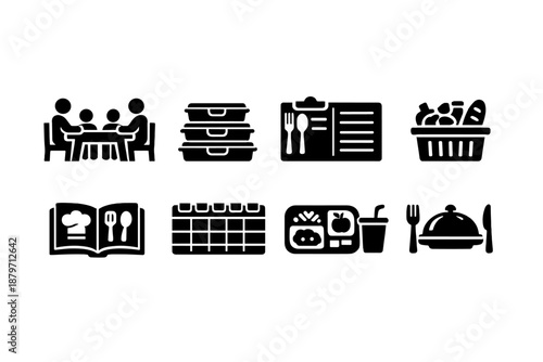 Family Meal Icons. Family Meal Planning. Filled icon set of Family Meal Planning: family at table, meal prep