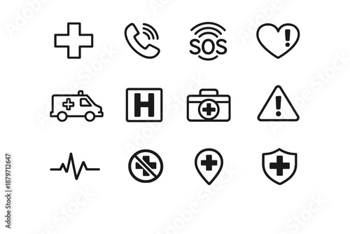 Medical Emergency Icons. Medical Emergency Signs. Line outline icon set of medical emergency signs: medical