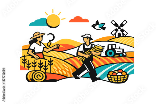 Geometric Harvest Harmony. Summer harvest abstract scene. Geometric grain fields divided into rhythmic