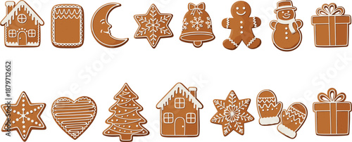 Vector illustration set of realistic Christmas gingerbread cookies featuring crescent moon snowman cottage house stars and festive treats