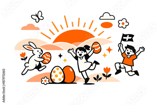  Sunrise of renewal countryside scene. Abstract hills glowing with early light, warm sky