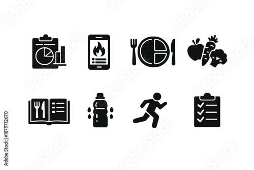 Diet Planning Icons. Diet Planning. Filled icon set of Diet Planning: nutrition chart, calorie tracker,