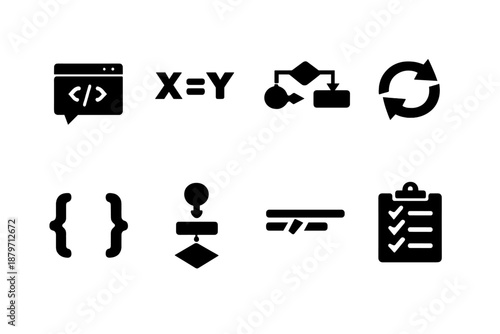 Programming Basics Icons. Programming Basics. Filled icon set of Programming Basics: hello world code,