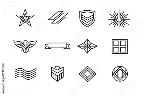  Geometric patriotism. Line outline icon set of Geometric patriotism: star polygon, striped
