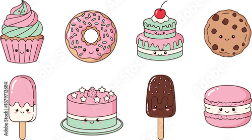 Cute kawaii dessert character set with cupcake donut cake cookie macaron and ice cream pastel vector illustration