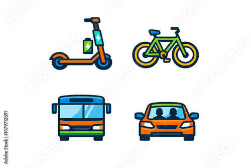 Set of four flat icons representing different modes of transport