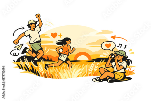 Sunset in Golden Fields. Golden fields at sunset. The sun touching the horizon, sky melting into warm tones,