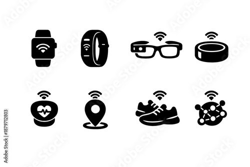  Wearable IoT. Filled icon set of Wearable IoT: smart watch, fitness band, smart glasses,