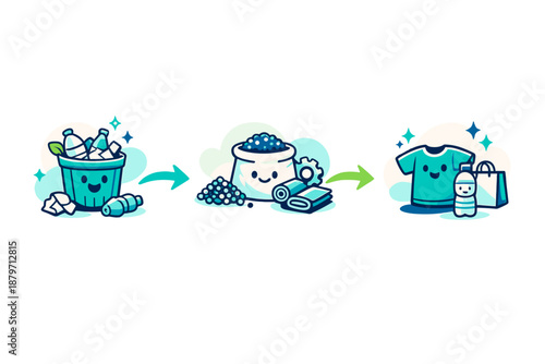  Eco recycling steps icons. Trash turning into raw material, then into new product, shown as