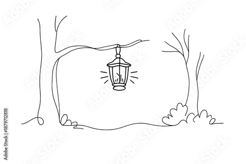 Magic Lantern Forest. Magic lantern in forest. Minimalistic one-line drawing glowing magic lantern hanging