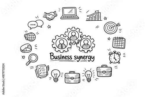  Business synergy. Hand-drawn doodle illustration of Business synergy. In the middle, one