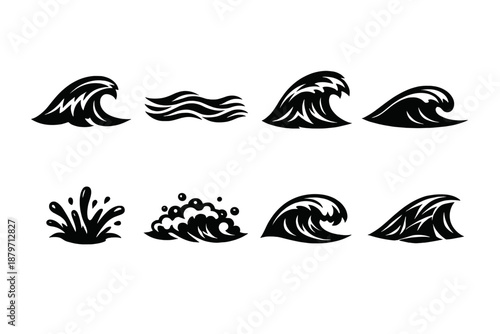  Glass waves. Filled icon set of Glass waves: glass wave crest, crystal ripple, glass breaker