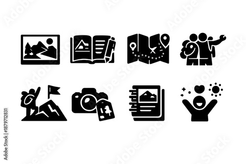 Hiking Adventure Icons. Hiking Memories. Filled icon set of Hiking Memories: trail photo, hiking journal, map