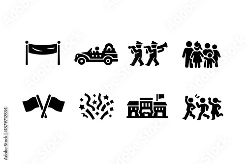  Local parade celebration. Filled icon set of Local parade celebration: parade banner,