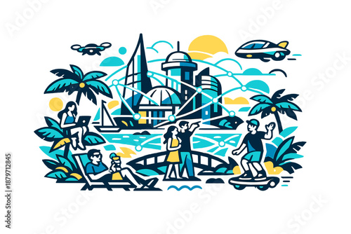  Paradise cyber hub. Futuristic city core surrounded by tropical greenery, glowing networks