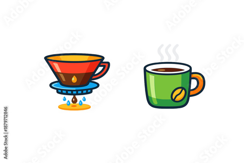 Coffee brewing and hot coffee cup illustration