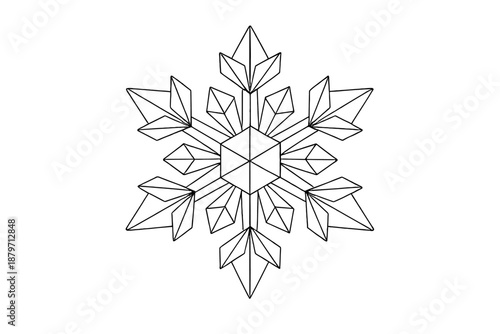 Minimal Origami Snowflake. Folded paper snowflake illustration. Minimalistic one-line drawing abstract origami