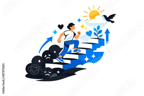  Mental health recovery. A character climbing gentle steps, dark shapes below turning into