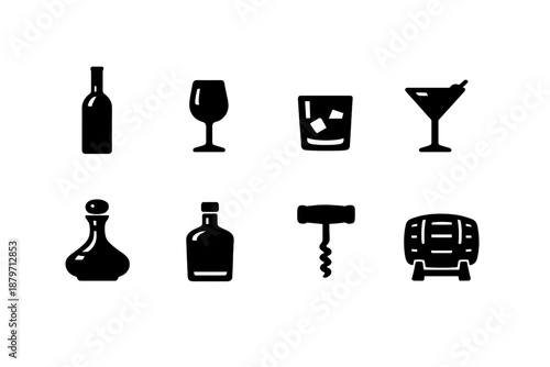 Wine & Spirits Icons. Wine & Spirits. Filled icon set of Wine & Spirits: wine bottle, wine glass, whiskey