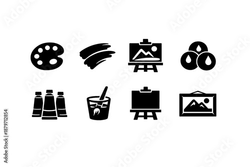  Painting Education. Filled icon set of Painting Education: paint palette, brush strokes,